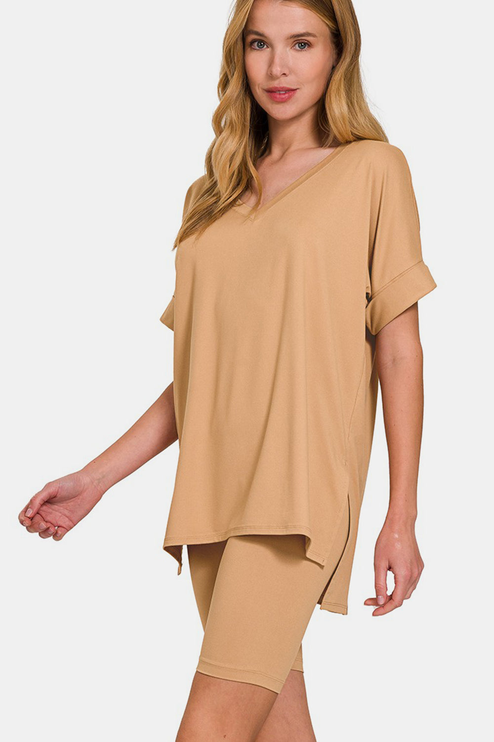 Zenana V-Neck Short Sleeve T-Shirt and Biker Shorts Set - ThingsWeUseAndLove Dk-Brush-XL