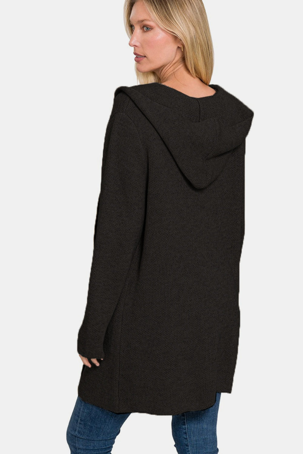 Hooded Open Front Black Sweater Cardigan - ThingsWeUseAndLove 