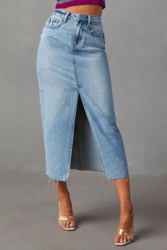 Slit Raw Hem Midi Denim Skirt - ThingsWeUseAndLove Light-Blue-2XL