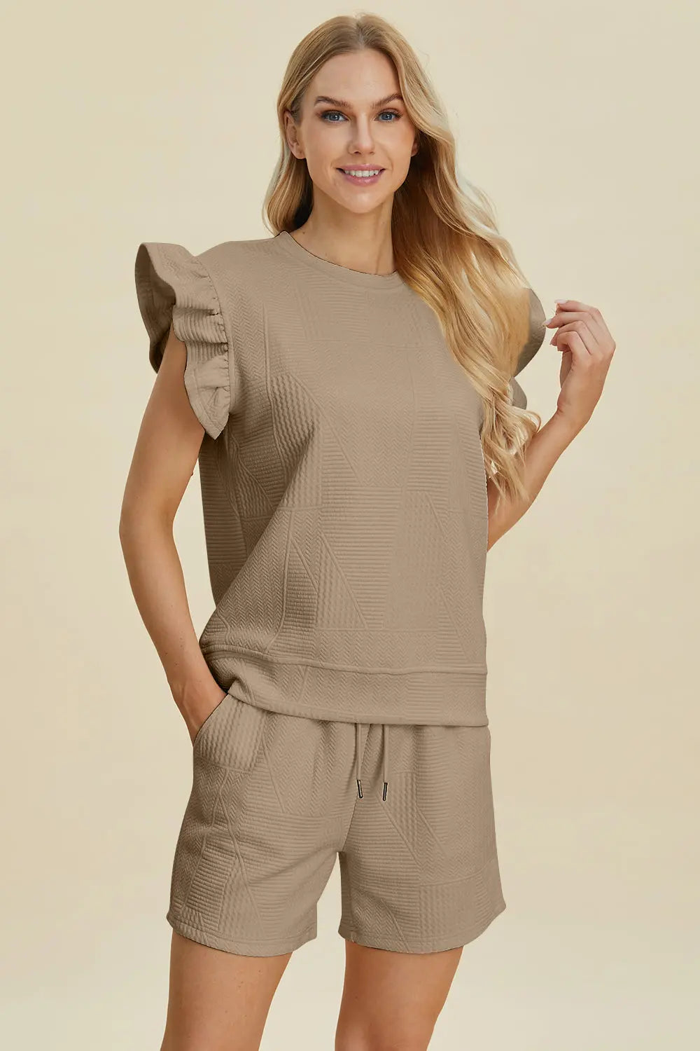 Texture Round Neck Ruffle Sleeve Top and Shorts Set - ThingsWeUseAndLove Khaki-3XL