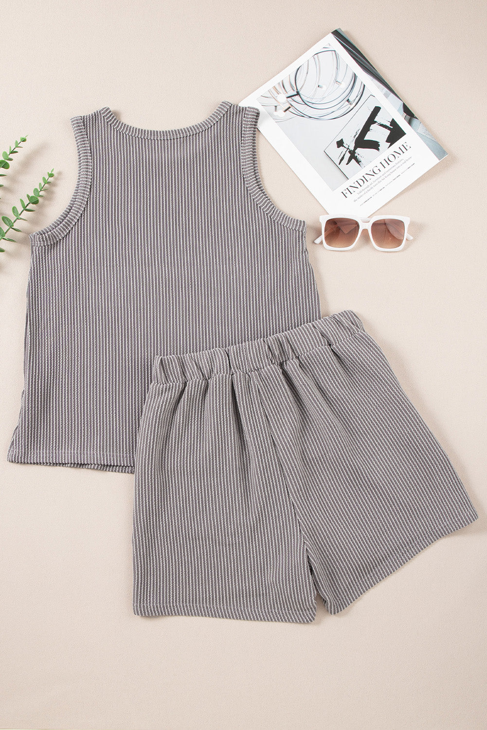 Smoke Gray Corded Sleeveless Top and Pocketed Shorts Set - ThingsWeUseAndLove 