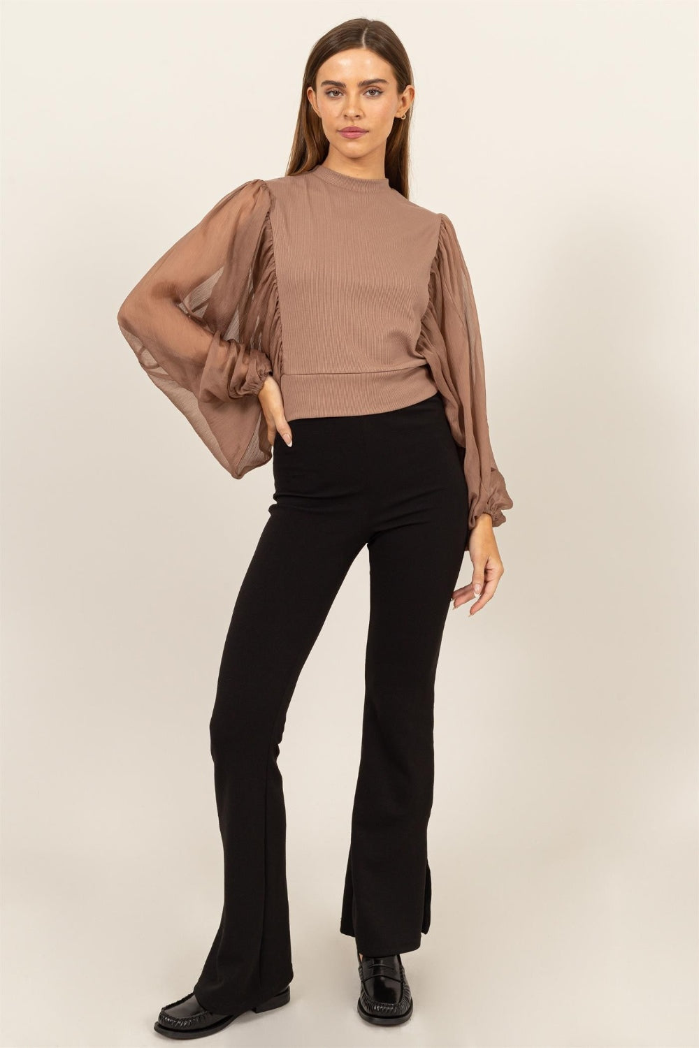 Ruched Sheer Long Sleeve Mock Neck Blouse - ThingsWeUseAndLove 