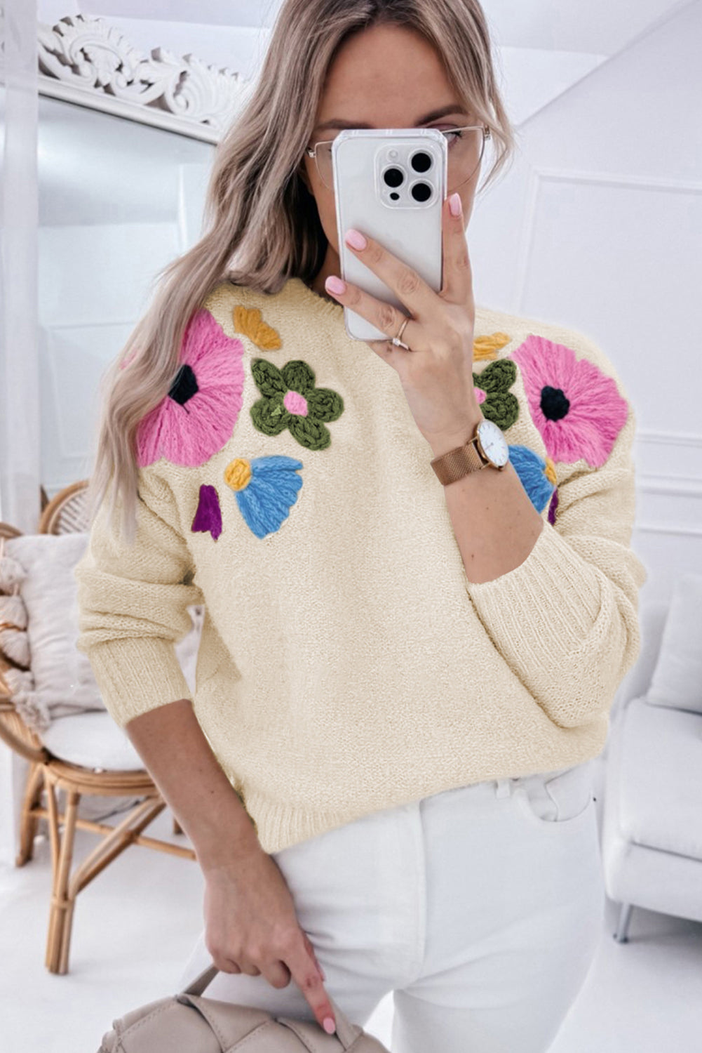 Light Blue Flower Pattern Ribbed Edge Sweater - ThingsWeUseAndLove 