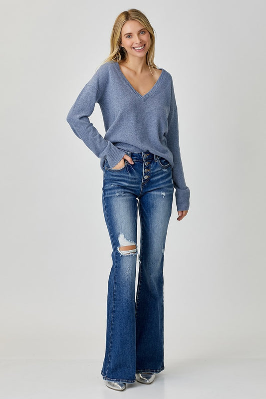 Distressed Button-Fly Flare Jeans - ThingsWeUseAndLove 