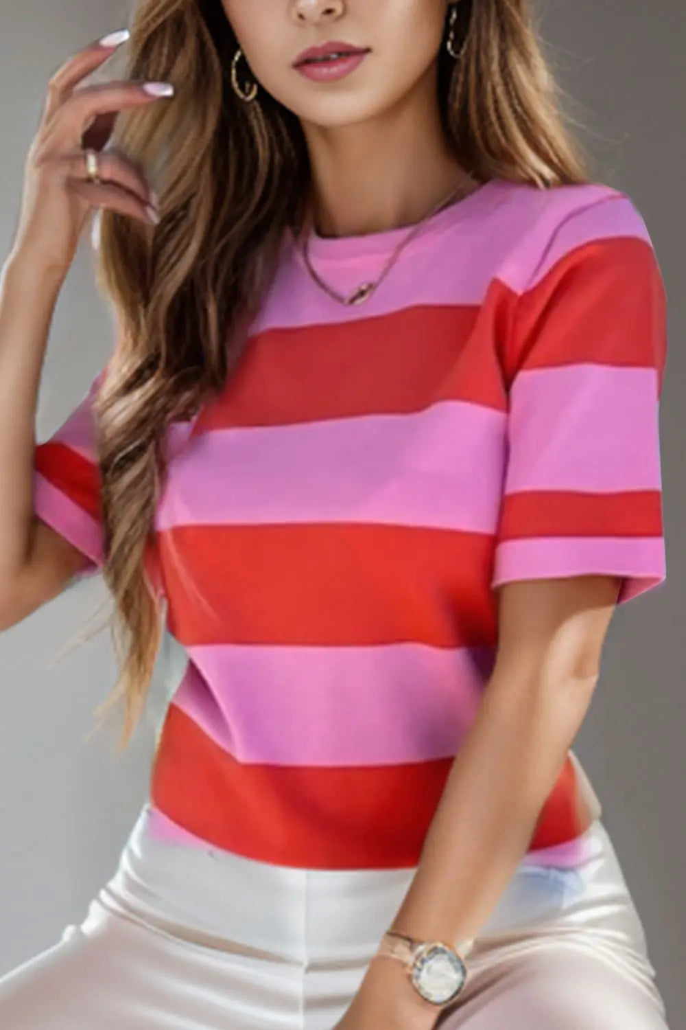 ViVi Color Block Round Neck Short Sleeve T-Shirt - ThingsWeUseAndLove Pink-XL