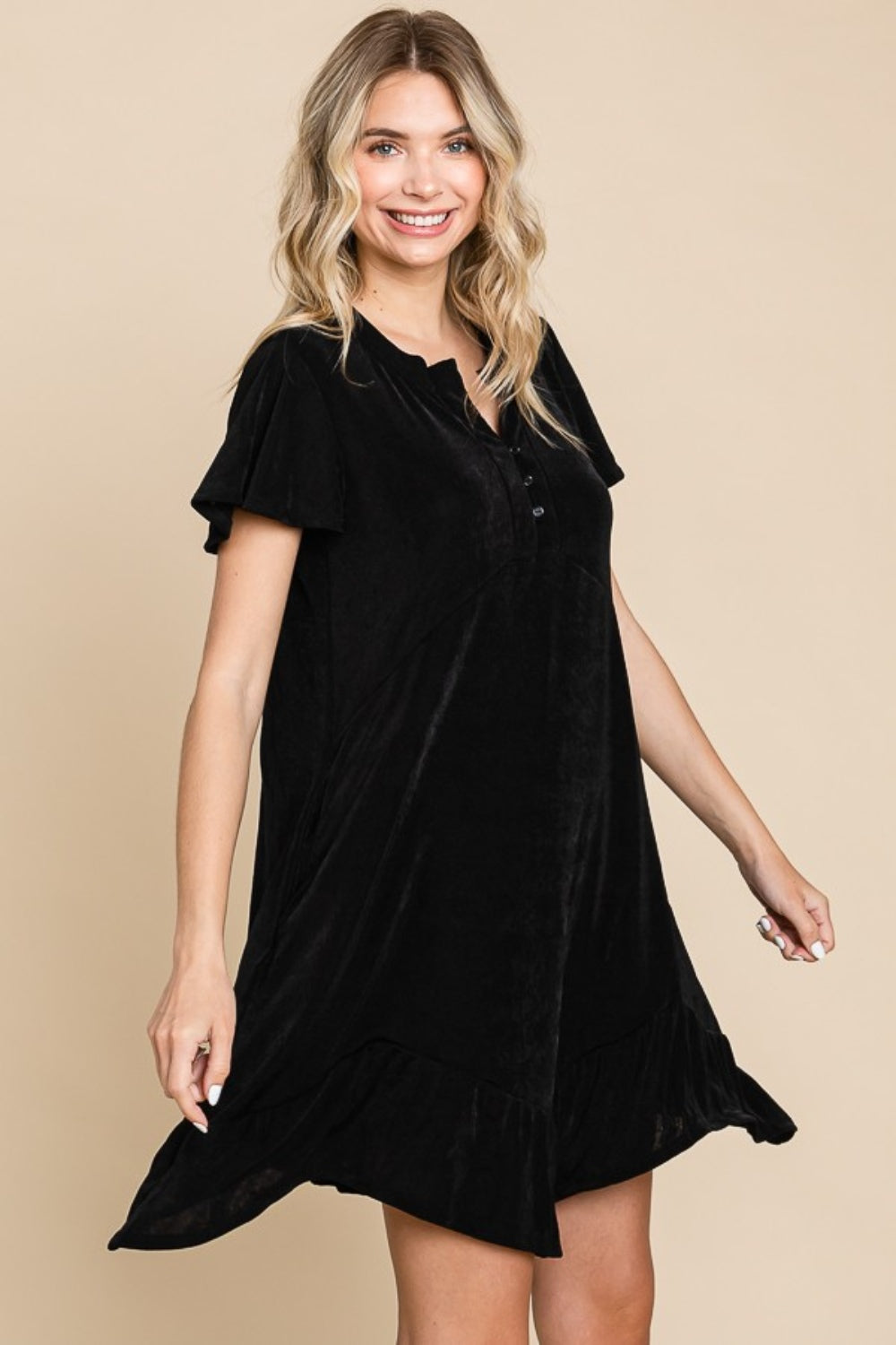 Simple Elegant Black Short Sleeve Ruffled Asymmetric Hem Dress - ThingsWeUseAndLove 