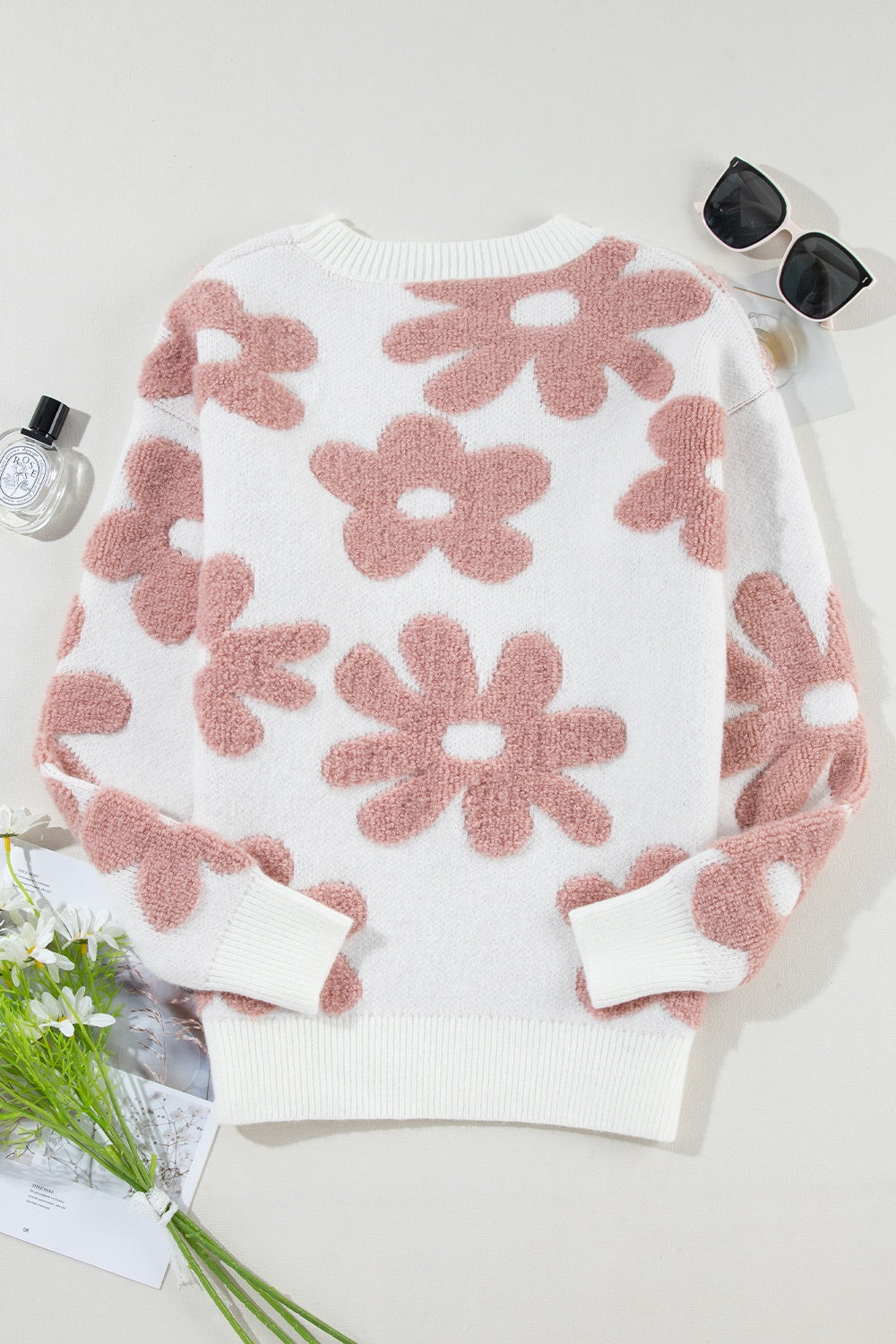 Ava Round Neck Long Sleeve Flower Knit Top - ThingsWeUseAndLove 