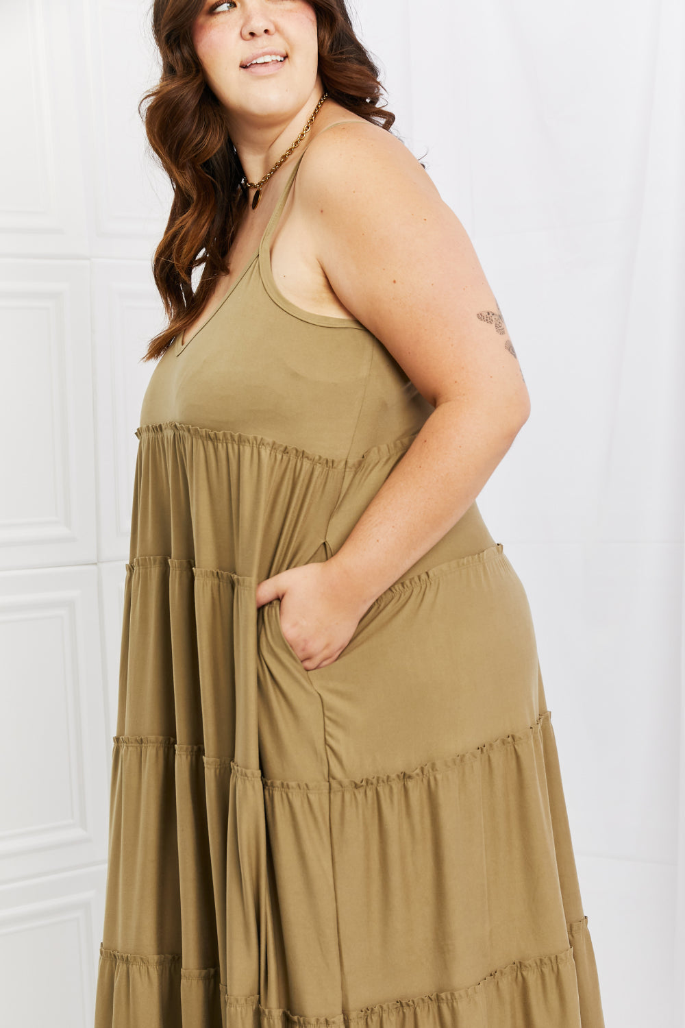 Spaghetti Strap Tiered Dress with Pockets in Khaki - ThingsWeUseAndLove 