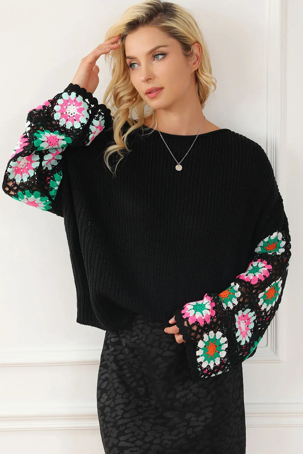 Jordan Crochet Round Neck Long Sleeve Knit Top - ThingsWeUseAndLove 