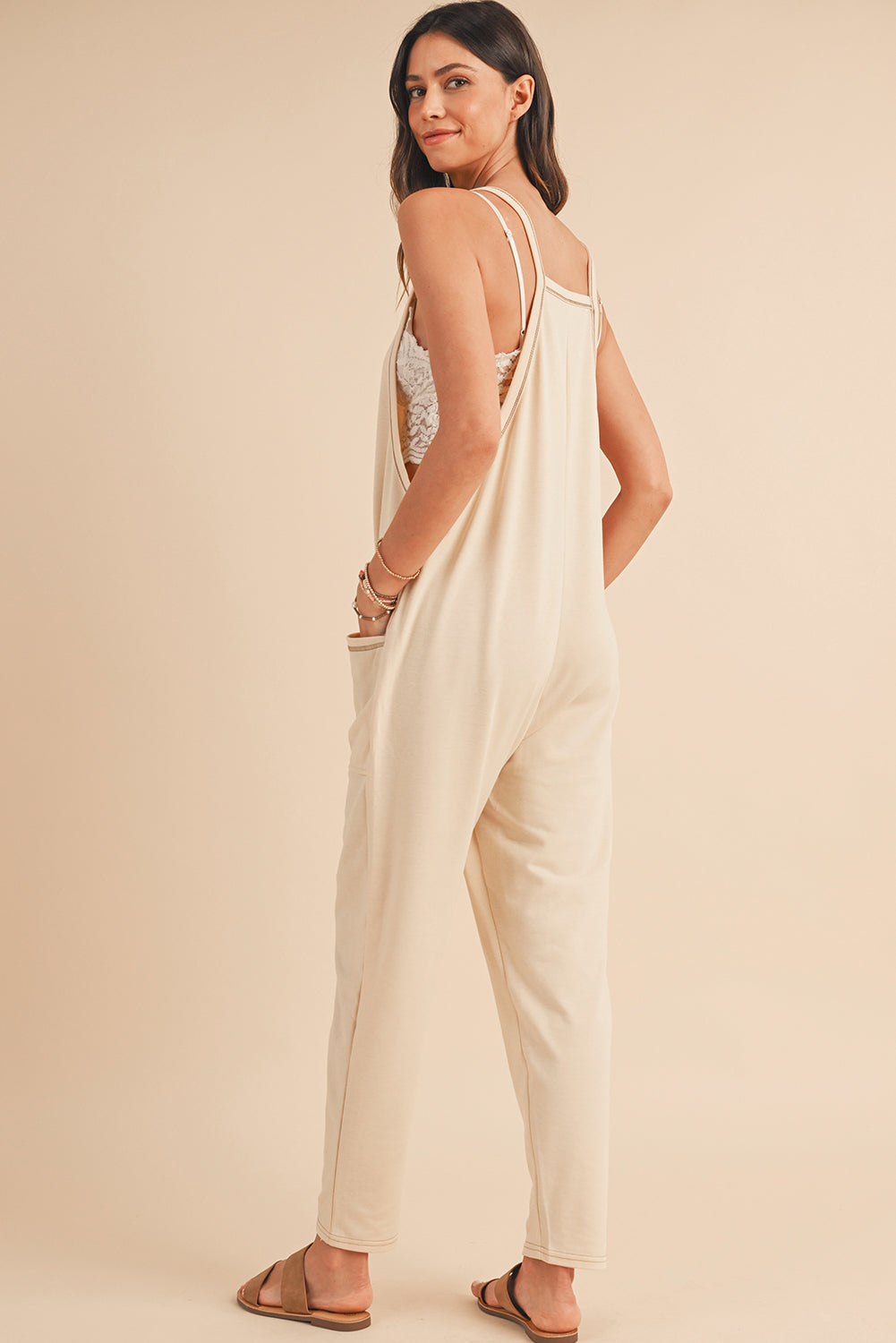 Apricot Solid Color Loose Fit Harem Jumpsuit - ThingsWeUseAndLove 