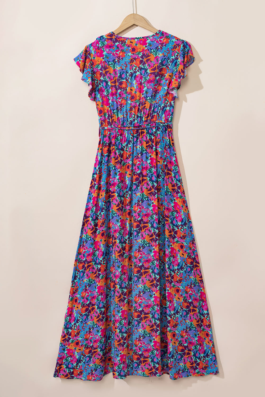 Blue Boho Floral Print V Neck Wrap Split Maxi Dress - ThingsWeUseAndLove 