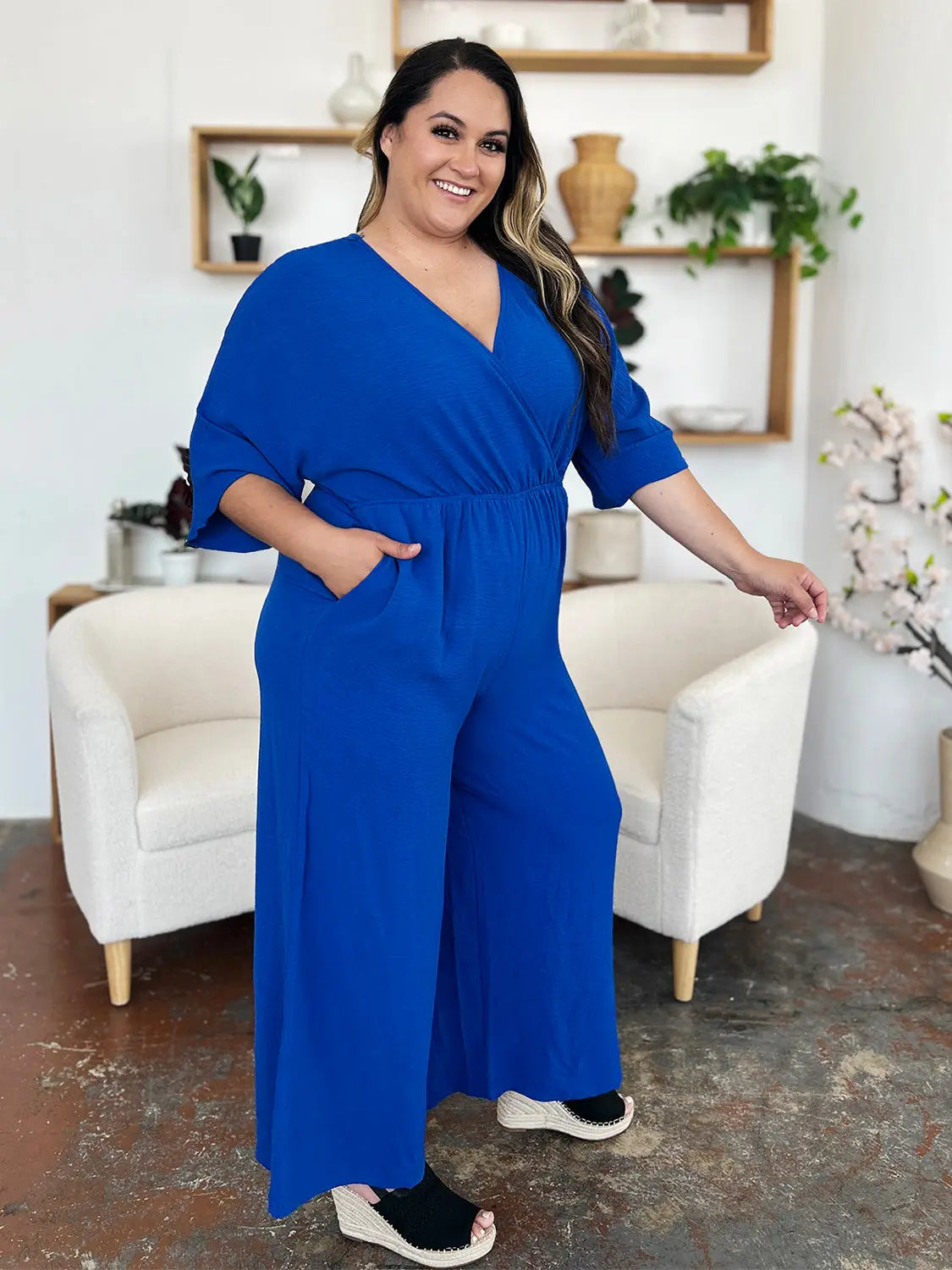 Size Inclusive Surplice Wide Leg Jumpsuit with Pockets - ThingsWeUseAndLove 
