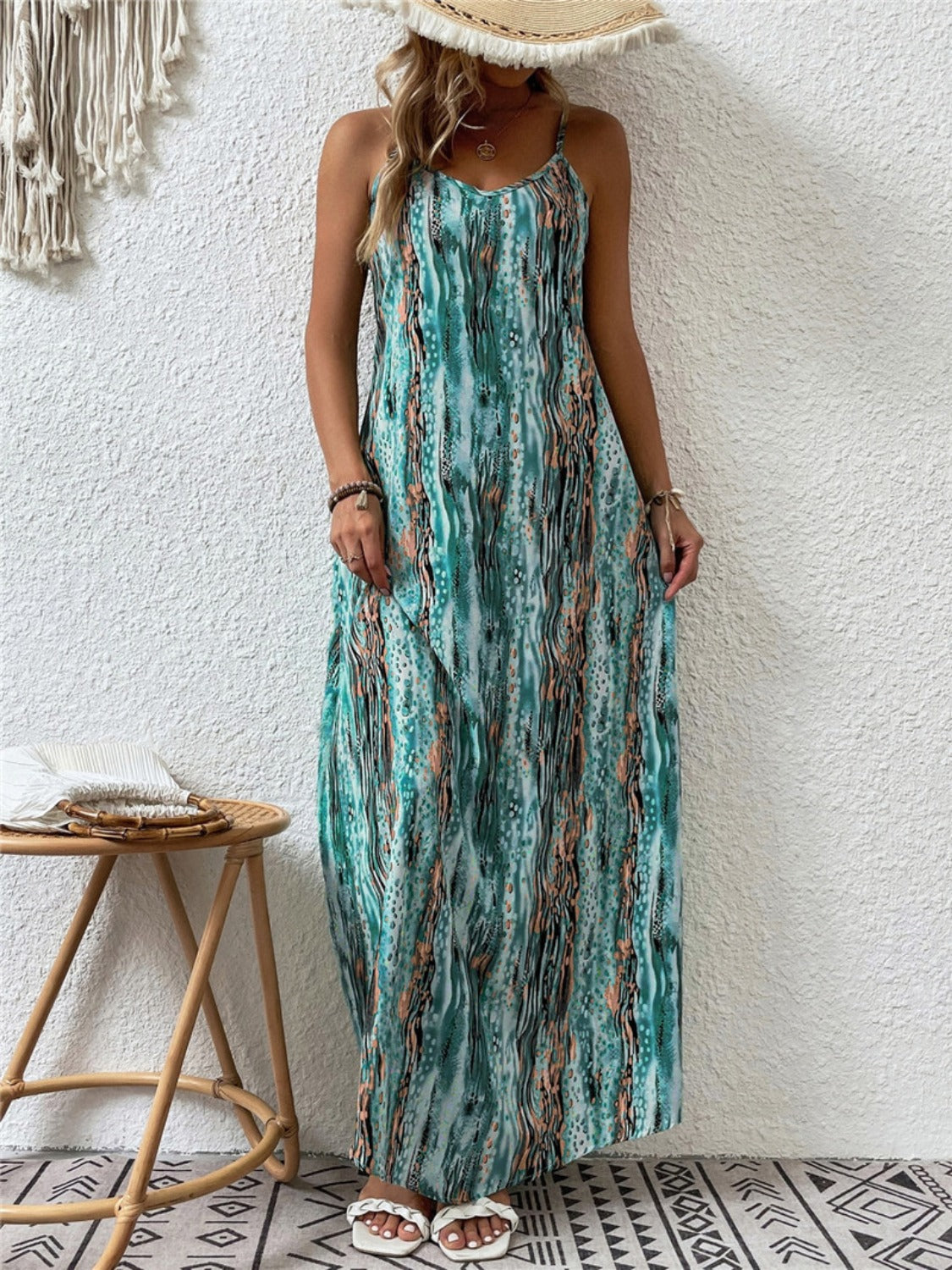 Full Size Printed Scoop Neck Maxi Cami Dress - ThingsWeUseAndLove Turquoise-5XL