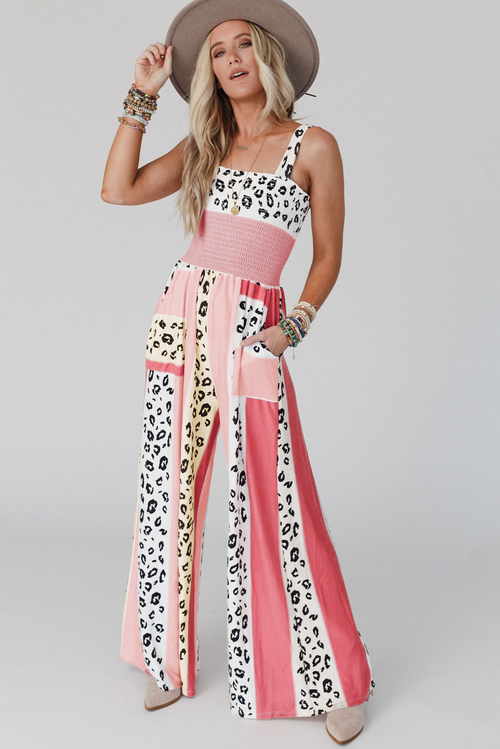 Pink Leopard Color Block Patchwork Strap Jumpsuit - ThingsWeUseAndLove 