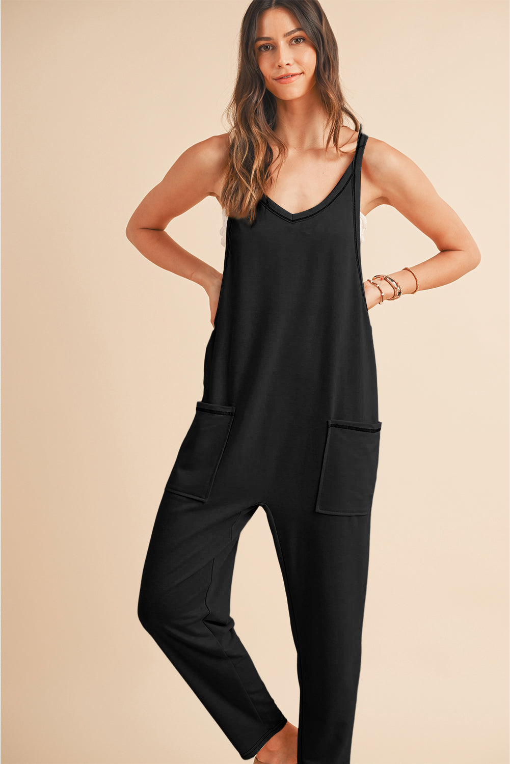 Apricot Solid Color Loose Fit Harem Jumpsuit - ThingsWeUseAndLove Black-XL