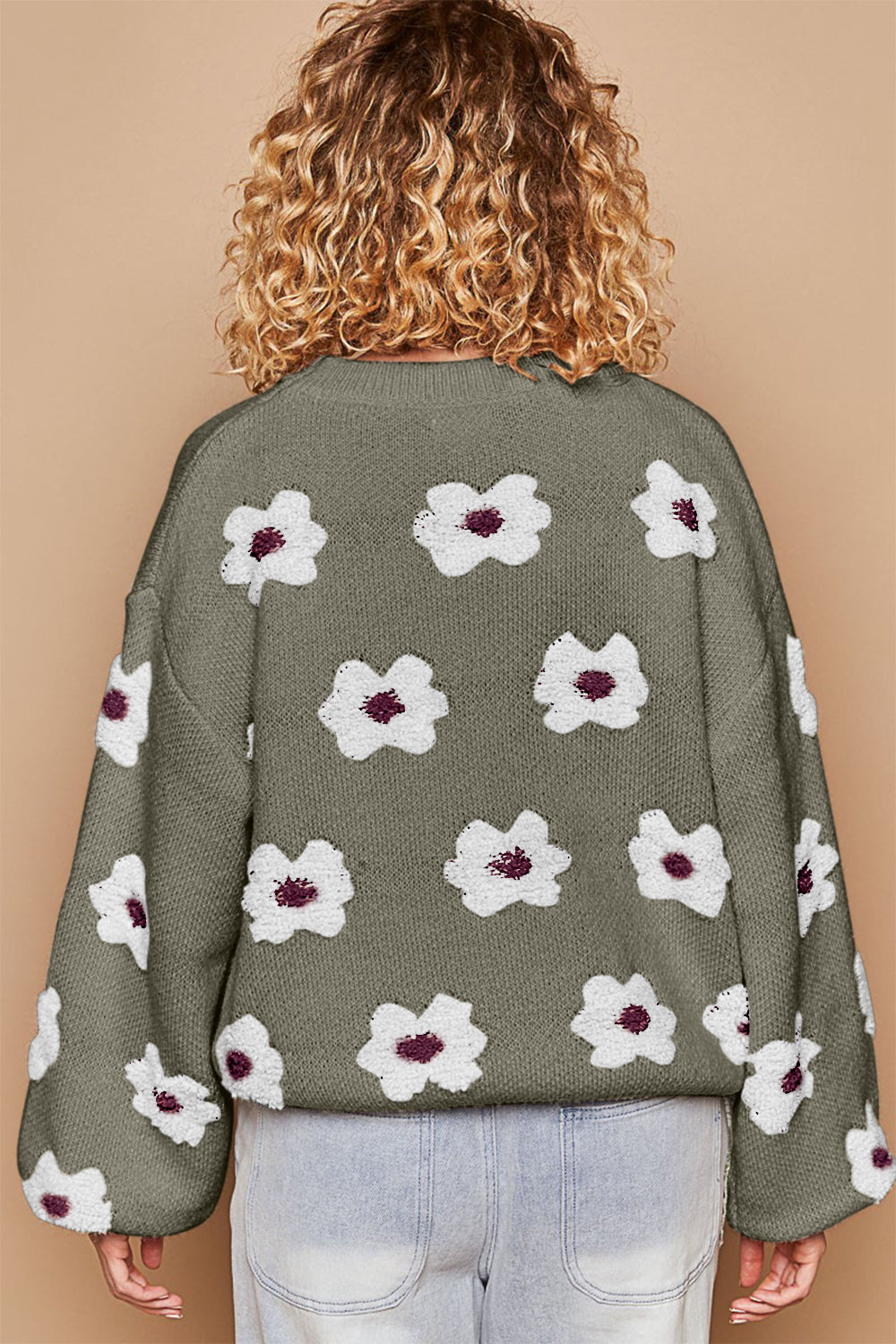 Daisy Pattern Drop Shoulder Sweater - ThingsWeUseAndLove 