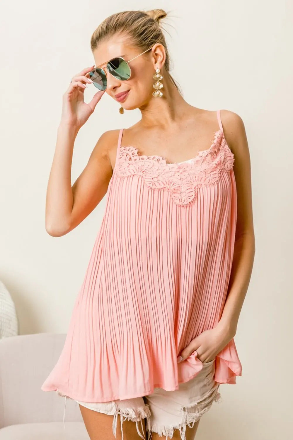 Lace Front Detailed Pleated Chiffon Cami - ThingsWeUseAndLove Blush-XL