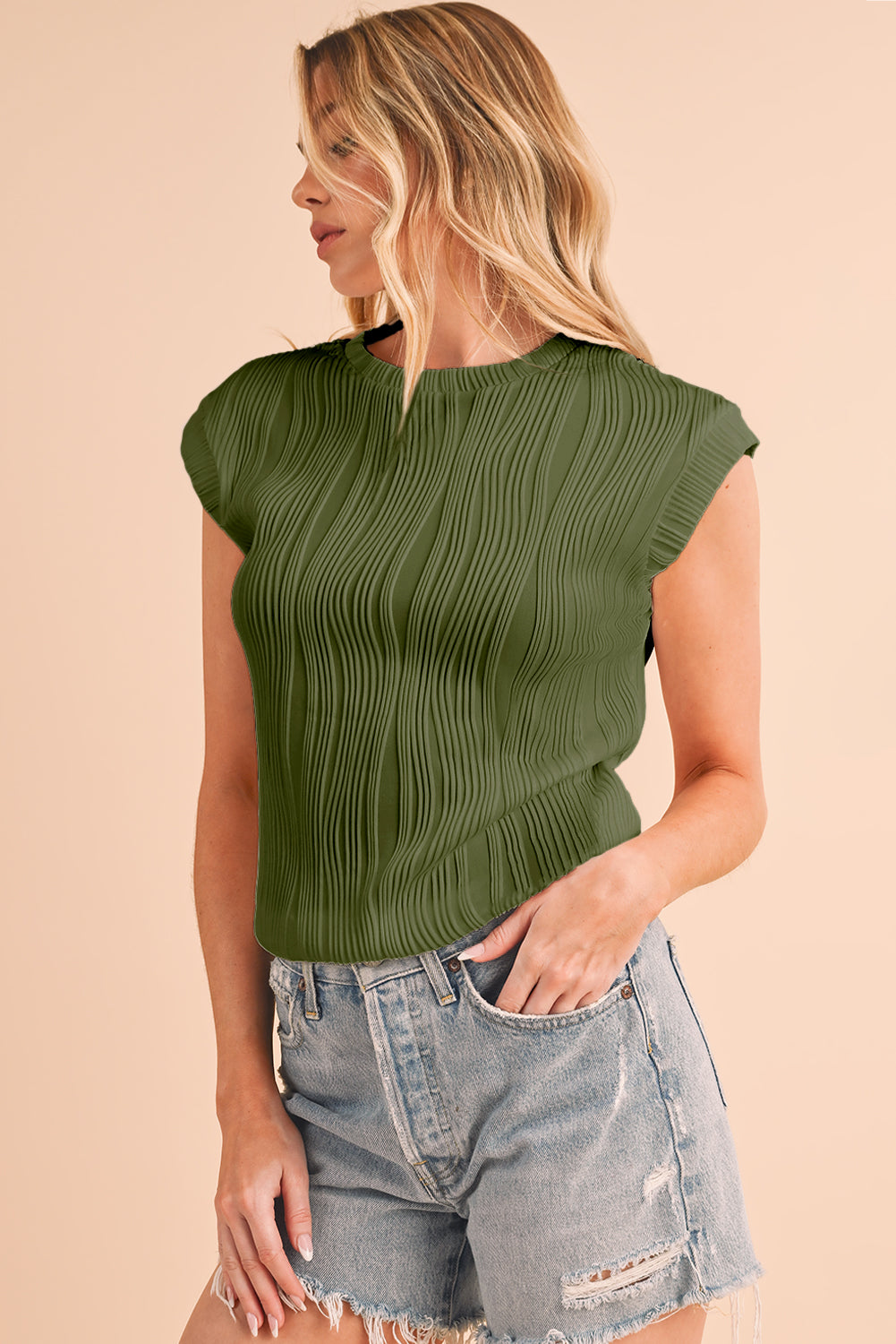Wavy Textured Cap Sleeve Top - ThingsWeUseAndLove 