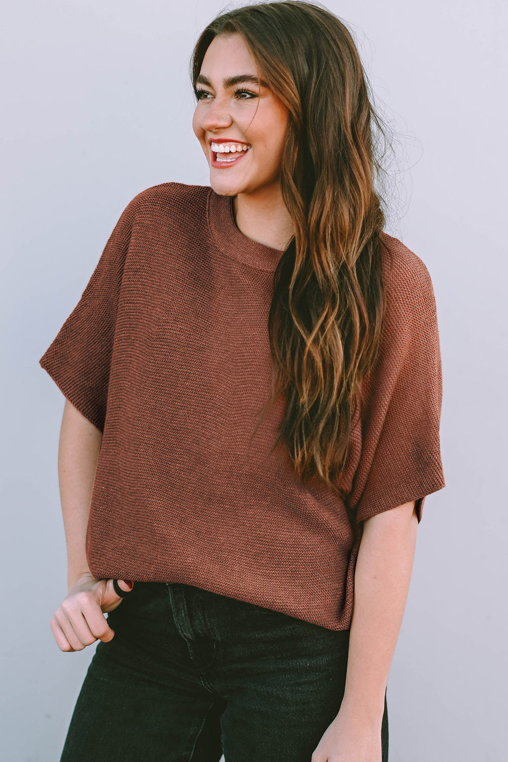 Mock Neck Short Batwing Sleeve Sweater - ThingsWeUseAndLove 