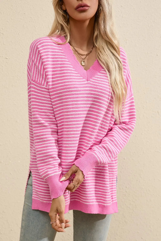 Brandy Striped V-Neck Long Sleeve Top - ThingsWeUseAndLove Pink-XL