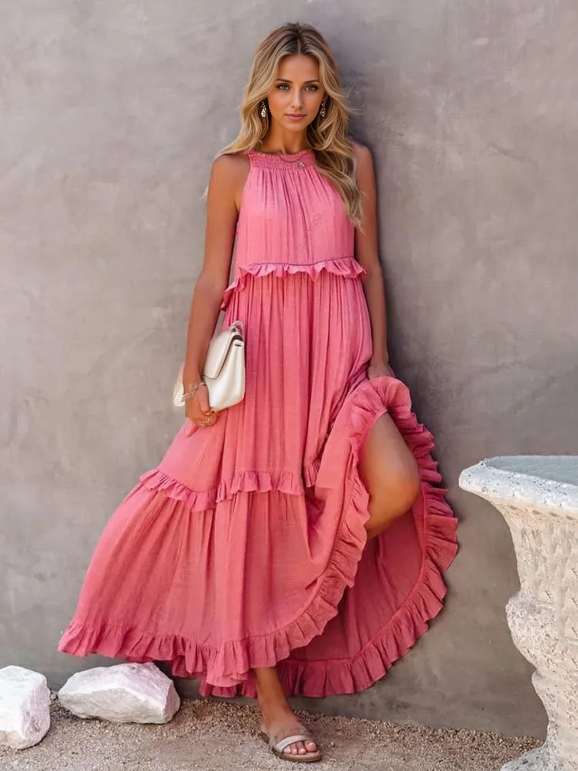 Ruffled Sleeveless Tiered Maxi Dress with Pockets - ThingsWeUseAndLove Watermelon-pink-2XL