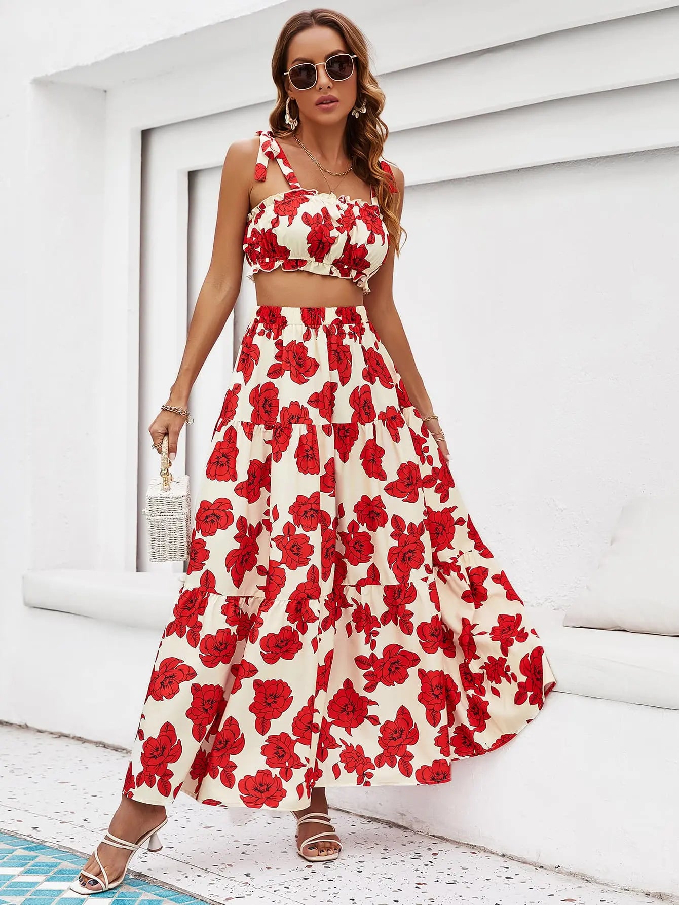 Floral Tie Shoulder Top and Tiered Maxi Skirt Set - ThingsWeUseAndLove Deep-Red-XL