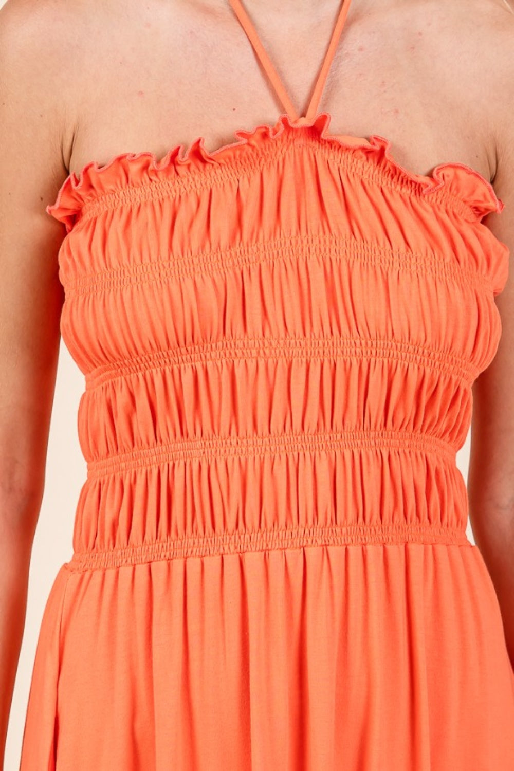 Tie Back Living Coral Shirring Dress with Pockets - ThingsWeUseAndLove 