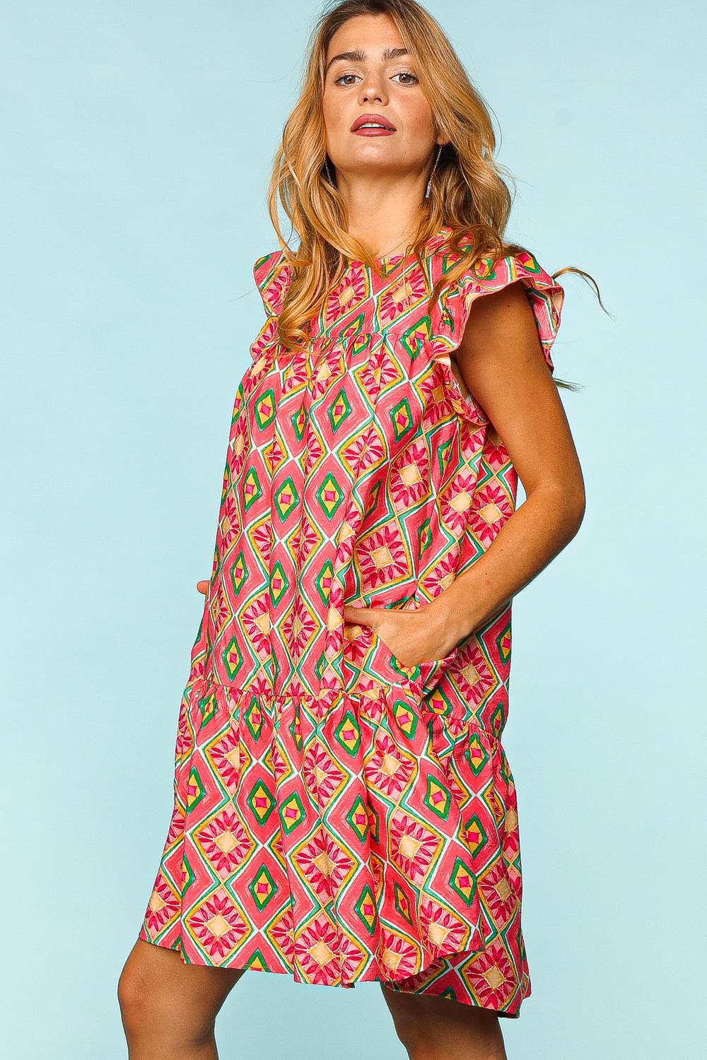 Haptics Full Size Ruffled Printed Dress with Side Pockets - ThingsWeUseAndLove 