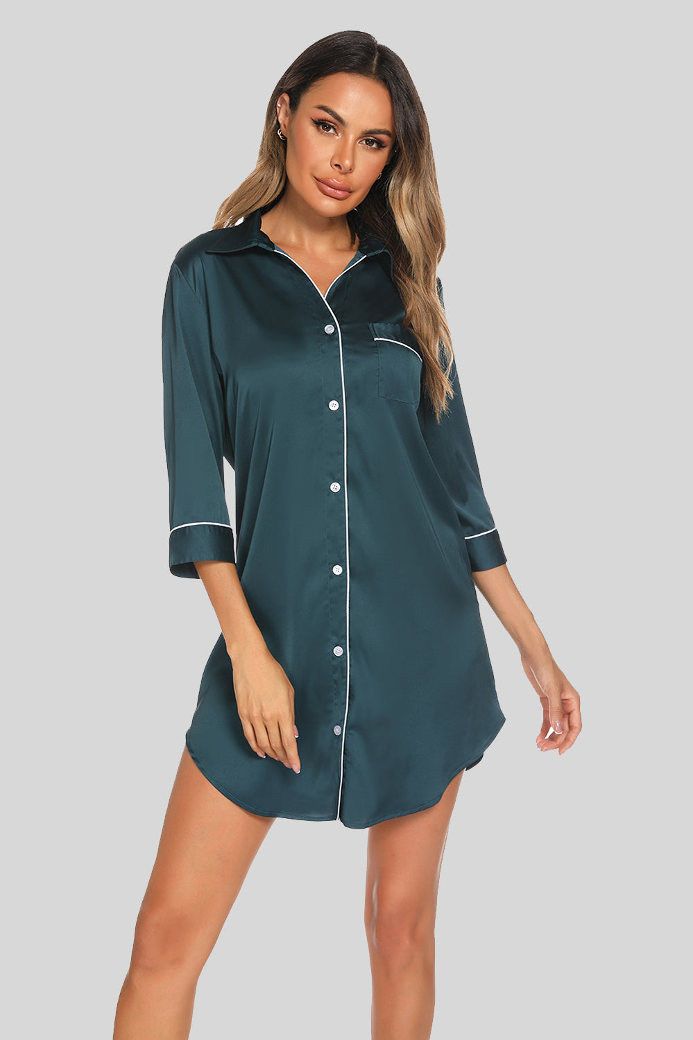 Jane Button Up Collared Neck Night Dress with Pocket - ThingsWeUseAndLove Deep-Teal-2XL