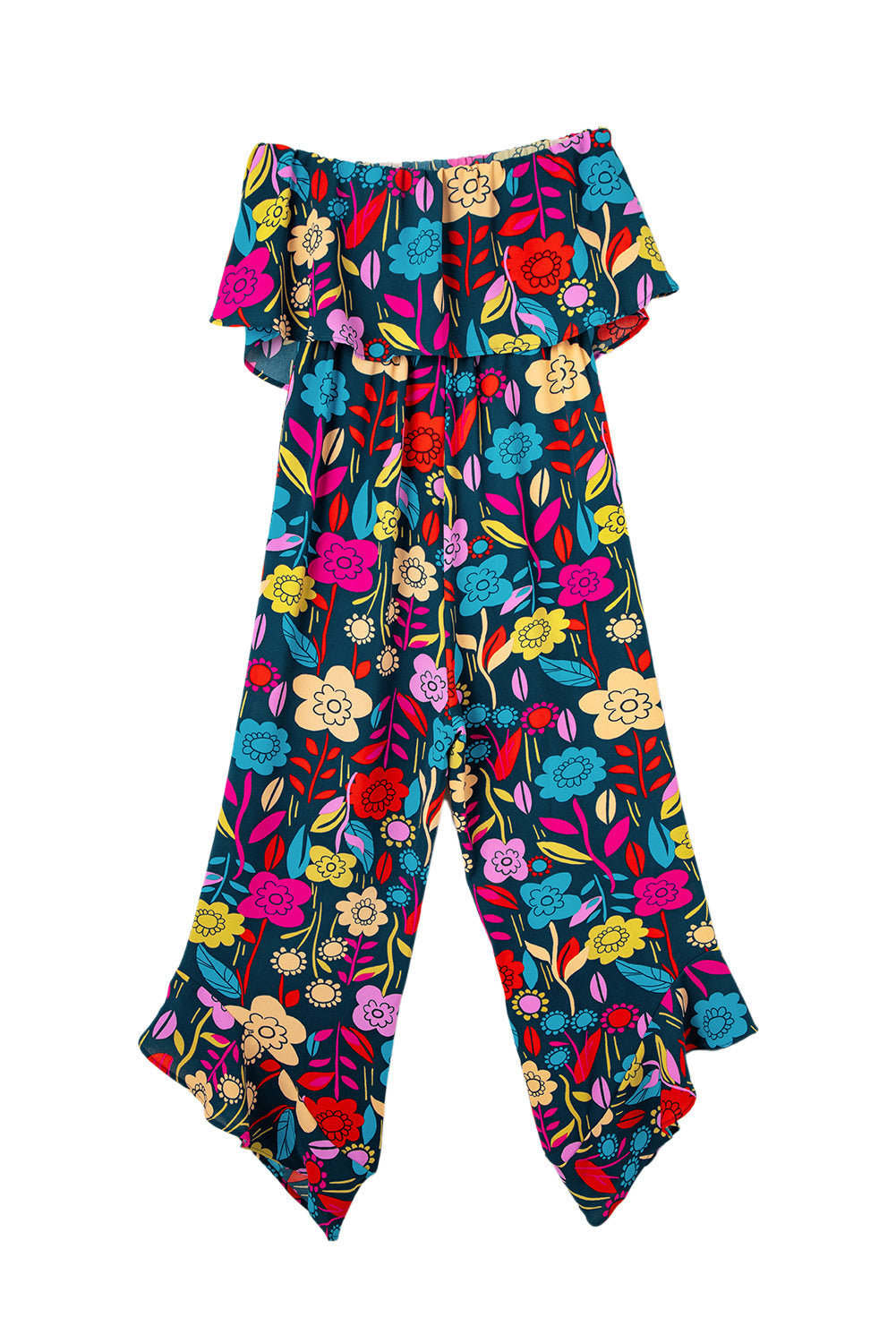 Tropical Print Strapless Ruffle Jumpsuit - ThingsWeUseAndLove 