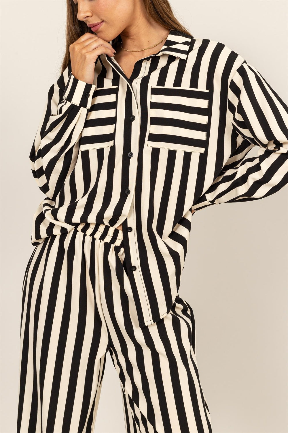 Kyleigh Striped Button Up Shirt and Pants Set - ThingsWeUseAndLove 