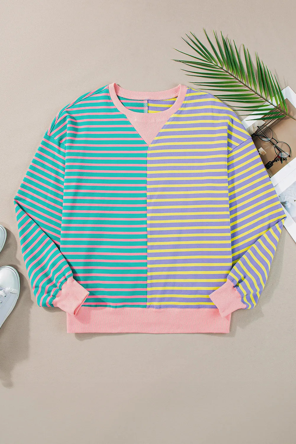 Wistar Contrast Stripes Round Neck Long Sleeve Sweatshirt - ThingsWeUseAndLove 