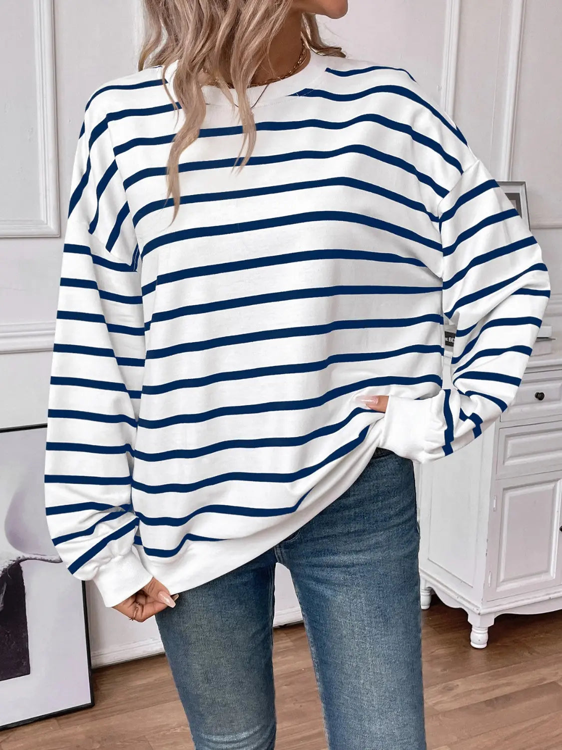 Leslie Striped Round Neck Long Sleeve Sweatshirt - ThingsWeUseAndLove 