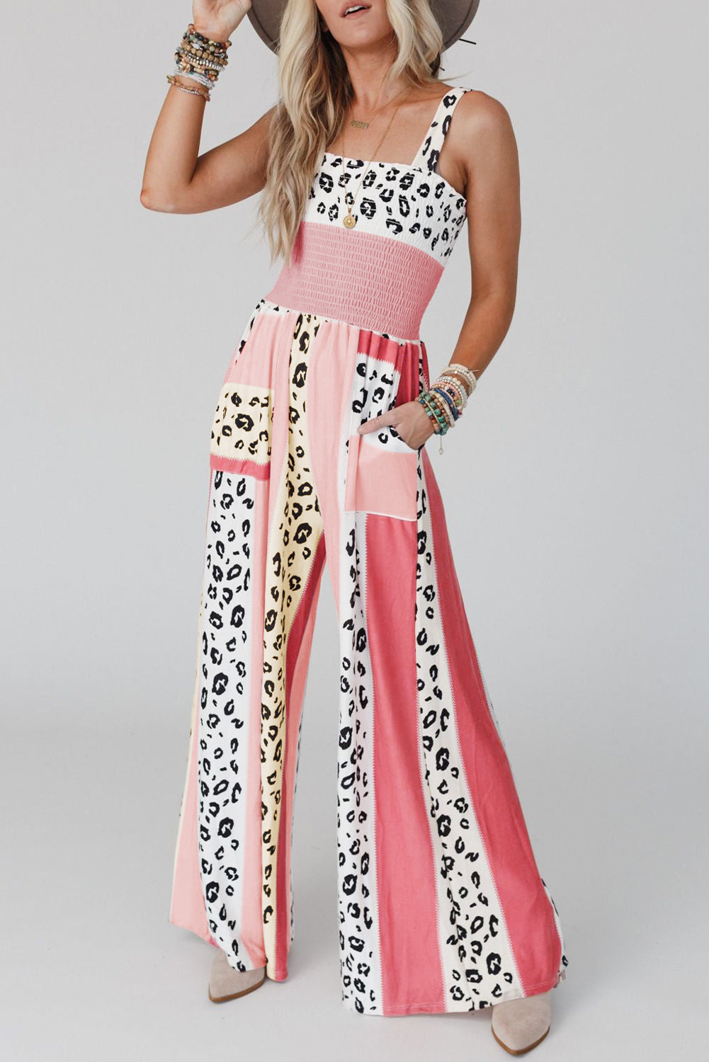 Pink Leopard Color Block Patchwork Strap Jumpsuit - ThingsWeUseAndLove 