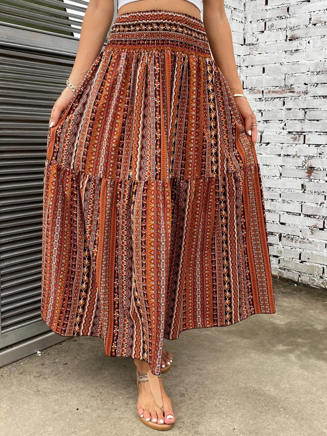 Printed Elastic Waist Maxi Skirt - ThingsWeUseAndLove Caramel-2XL