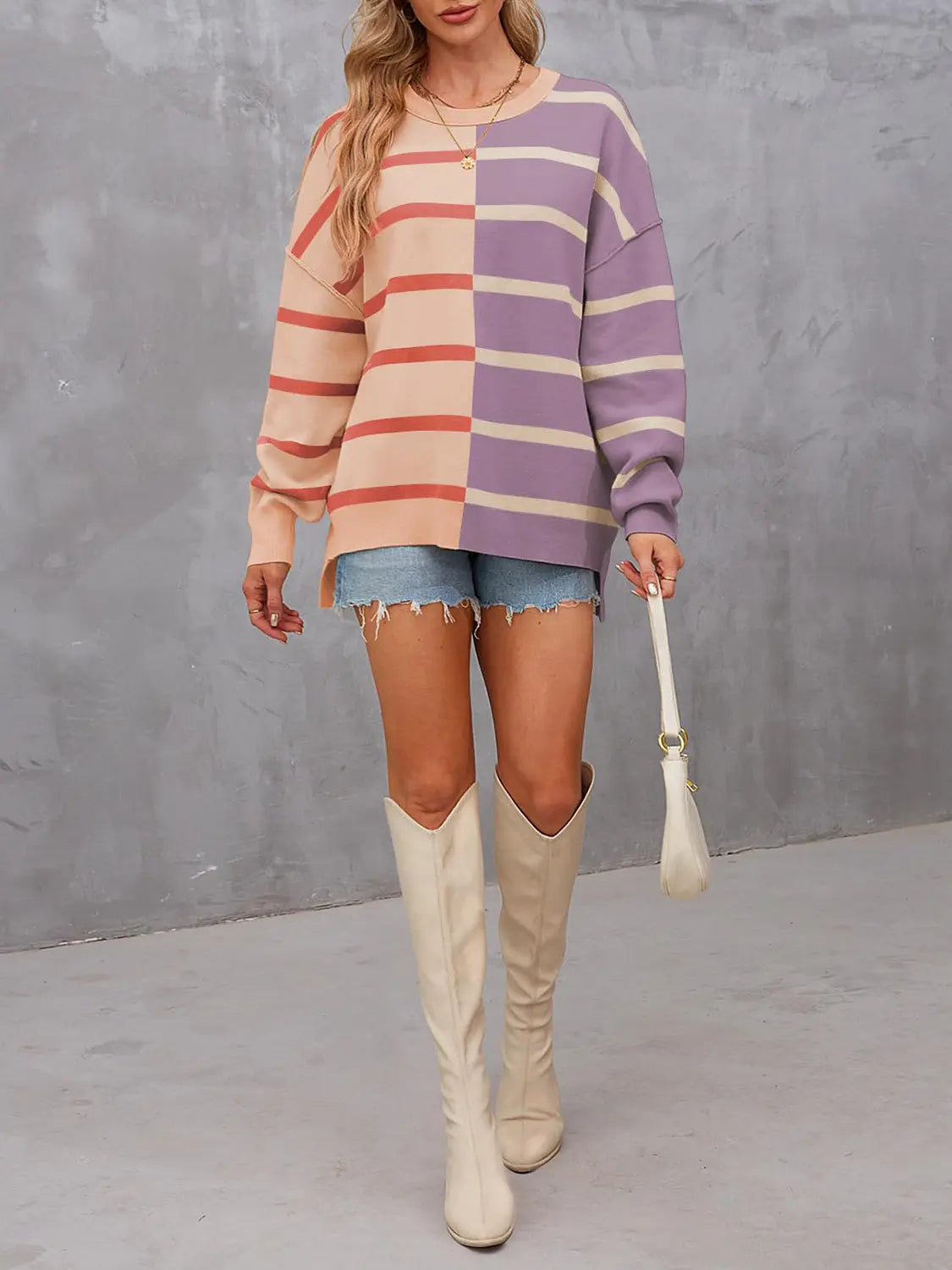 Long Sleeve Striped Round Neck Sweater - ThingsWeUseAndLove 