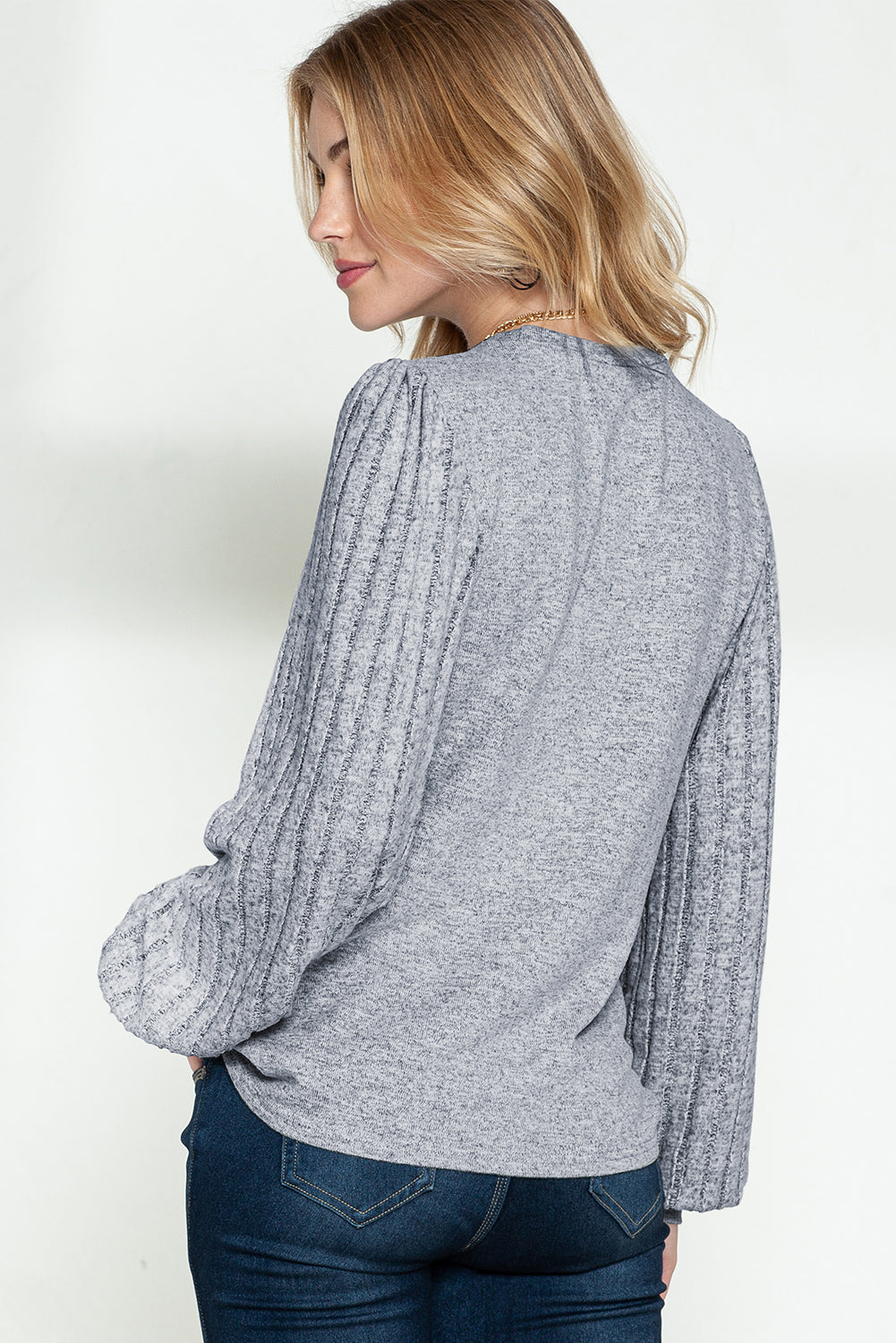 Gray Solid Color Contrast Ribbed Bishop Sleeve Top - ThingsWeUseAndLove 