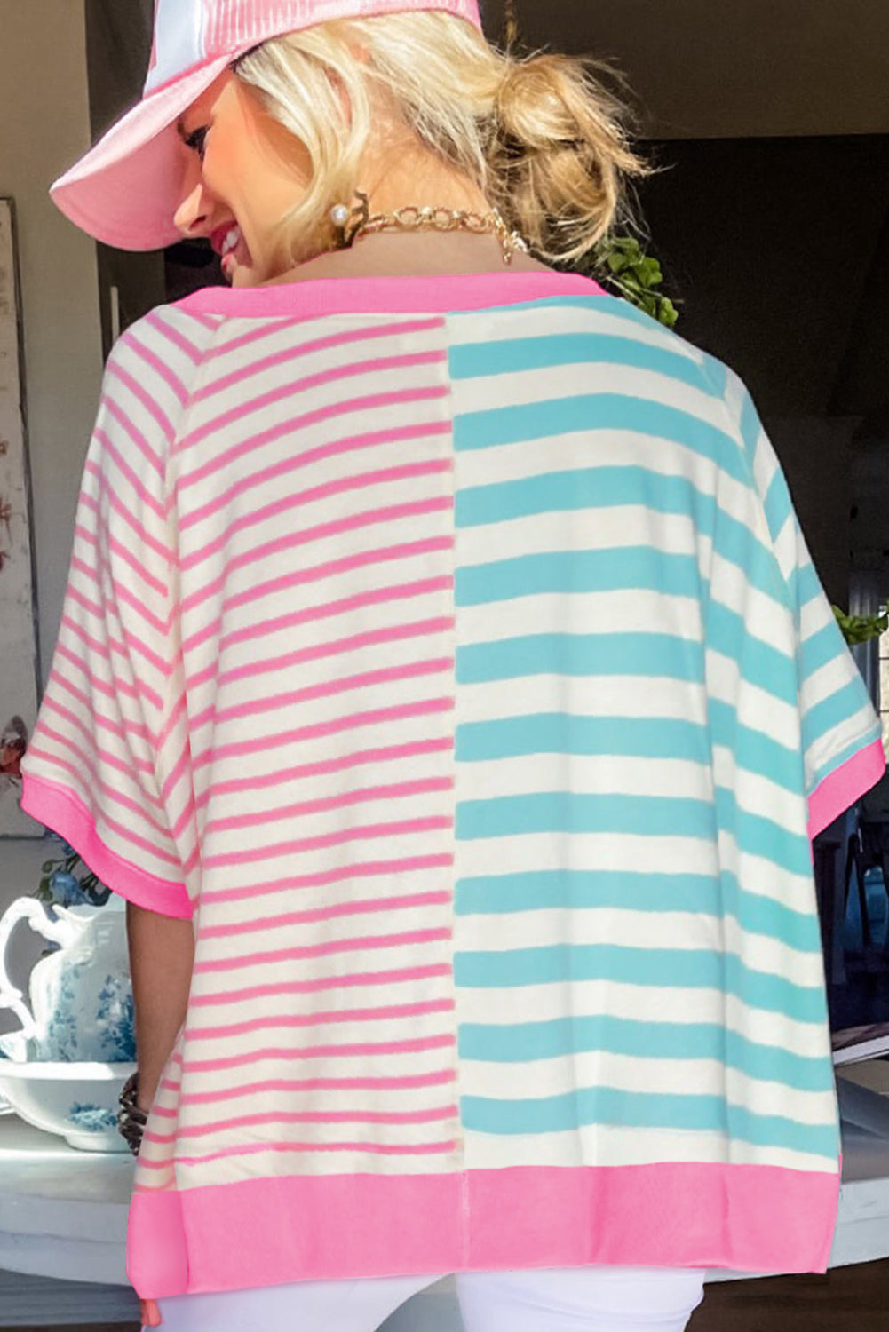 Pink Stripe Contrast Patchwork Oversized T Shirt - ThingsWeUseAndLove 