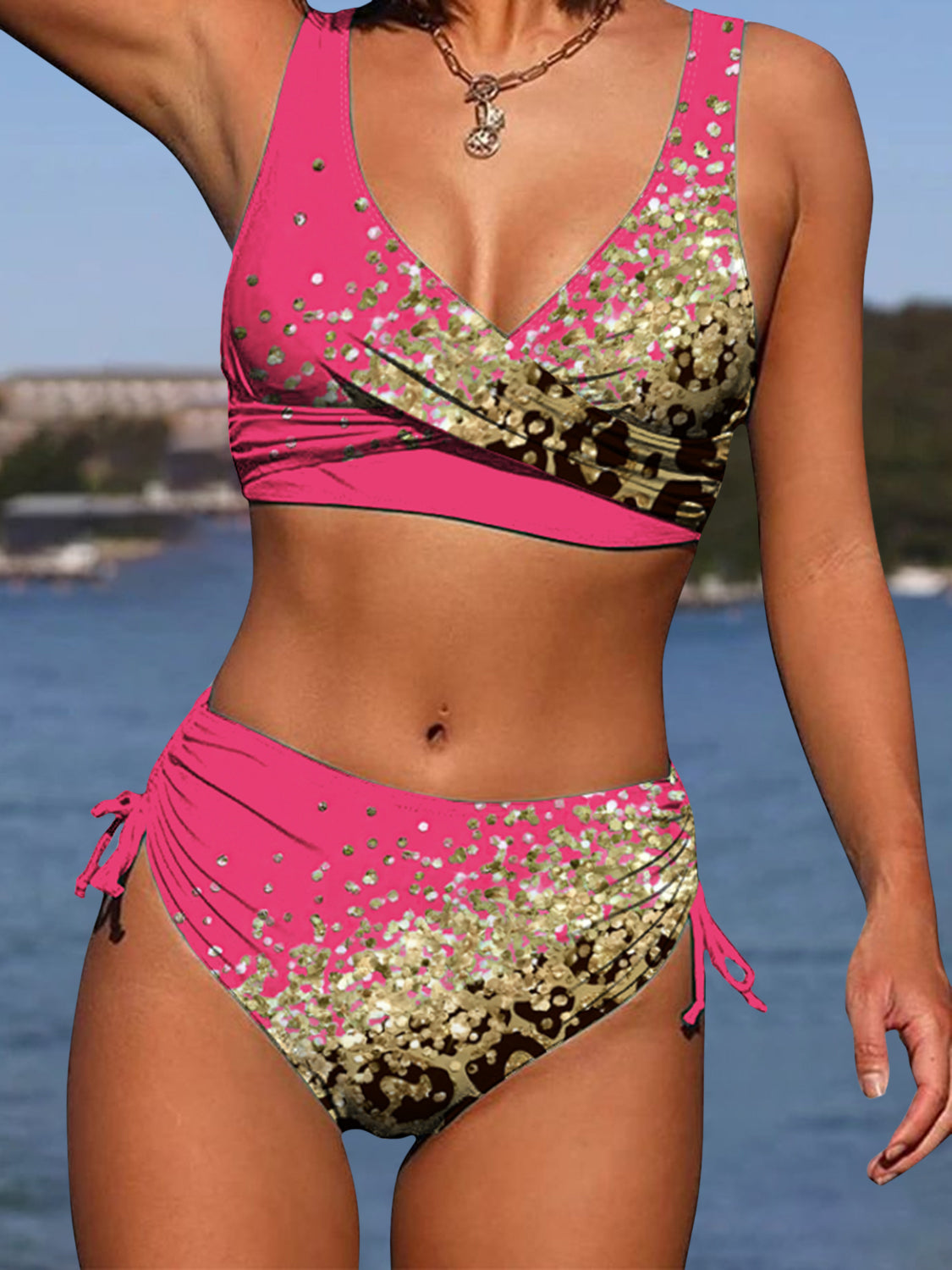 Lace-Up Printed Wide Strap Bikini Set - ThingsWeUseAndLove Hot-Pink-XL
