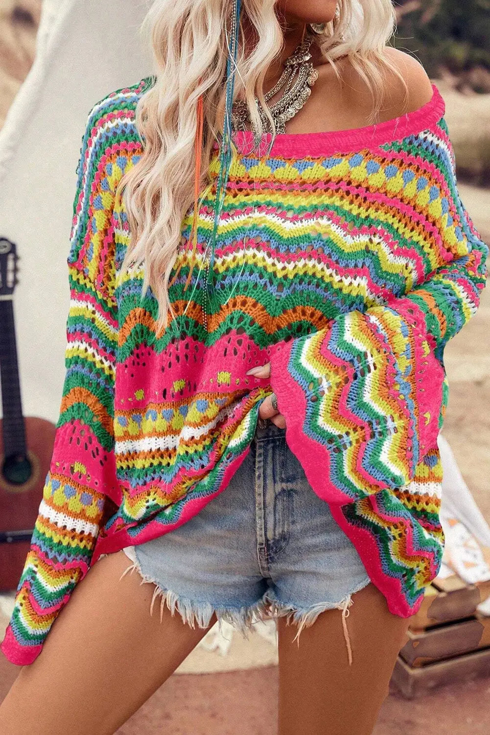 Rose Red Colorblock Striped Hollowed Knit Loose Sweater - ThingsWeUseAndLove 