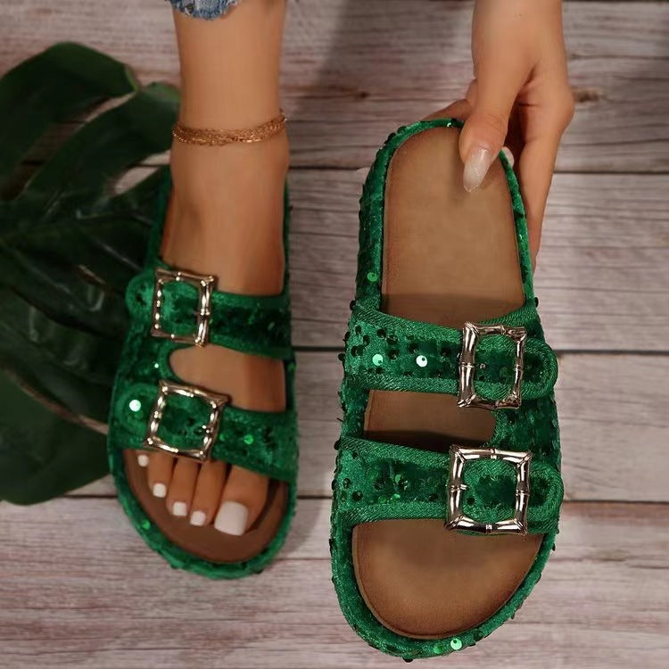 Sequin Trim Open Toe Sandals - ThingsWeUseAndLove Dark-Green-42-US10.5