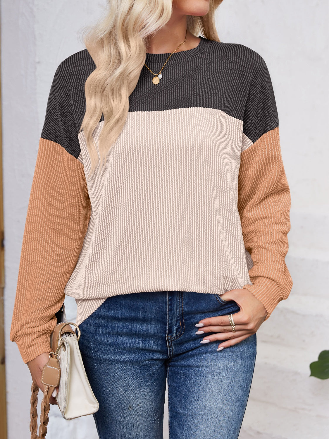 Ursina Color Block Round Neck Long Sleeve Sweatshirt - ThingsWeUseAndLove 