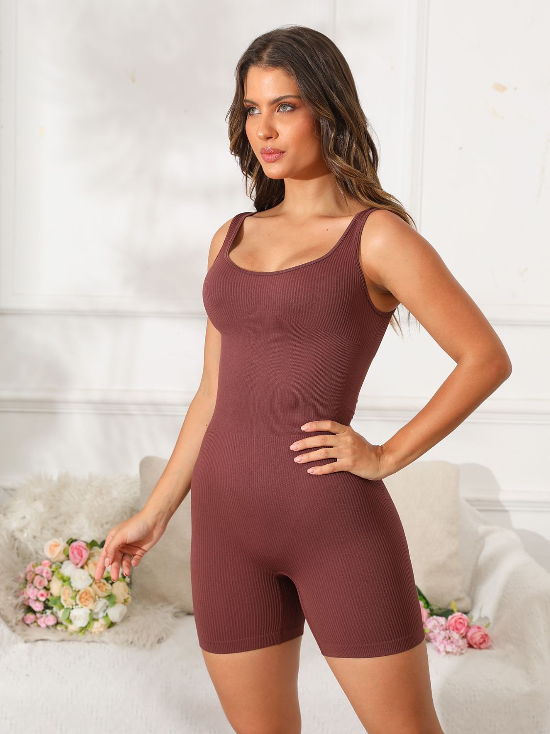 What's The Scoop Neck Wide Strap Active Romper - ThingsWeUseAndLove Dark-Brown-XL