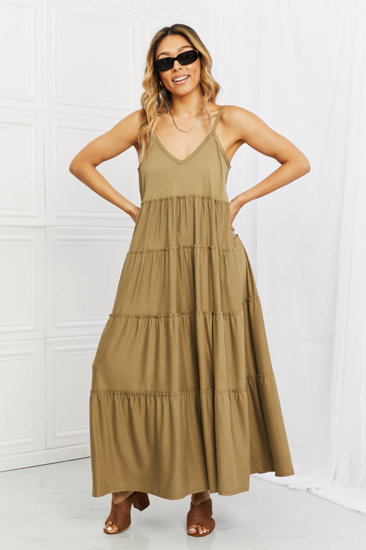 Spaghetti Strap Tiered Dress with Pockets in Khaki - ThingsWeUseAndLove Khaki-3XL