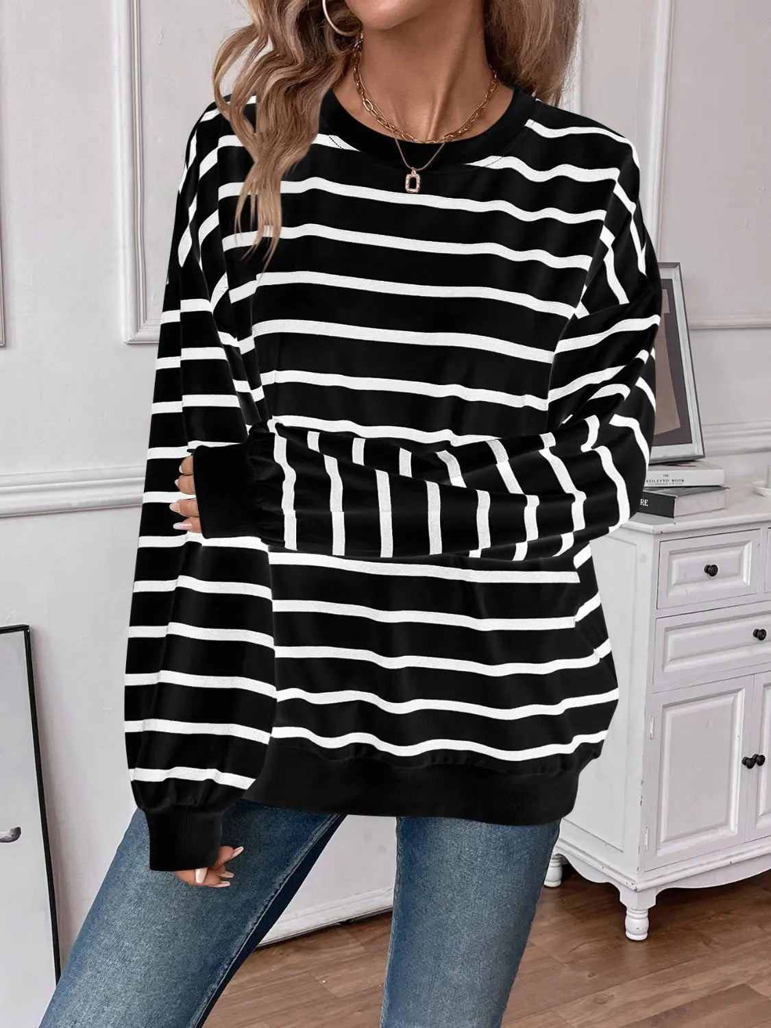 Leslie Striped Round Neck Long Sleeve Sweatshirt - ThingsWeUseAndLove 