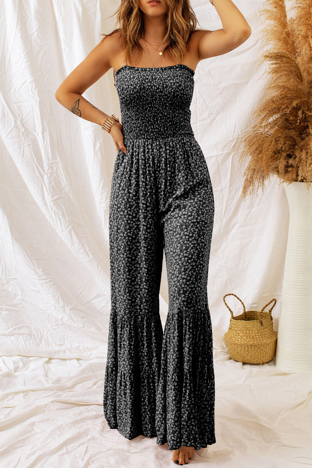 Floral Thin Straps Smocked Bodice Wide Leg Jumpsuit - ThingsWeUseAndLove Black-XXL