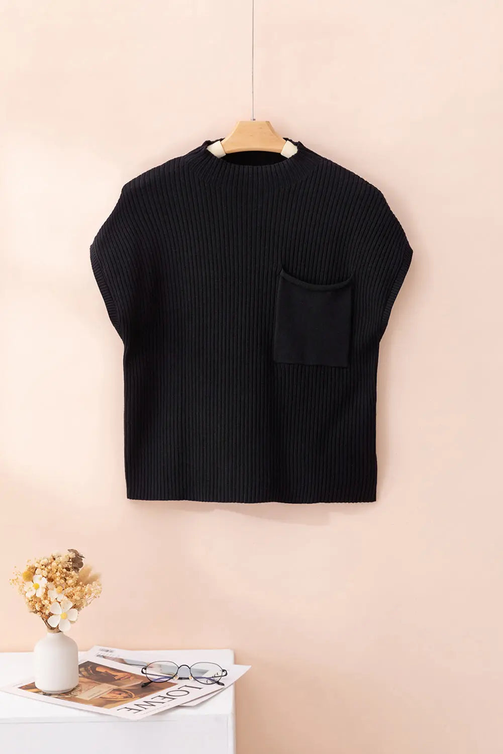 Gold Flame Patch Pocket Ribbed Knit Short Sleeve Sweater - ThingsWeUseAndLove 