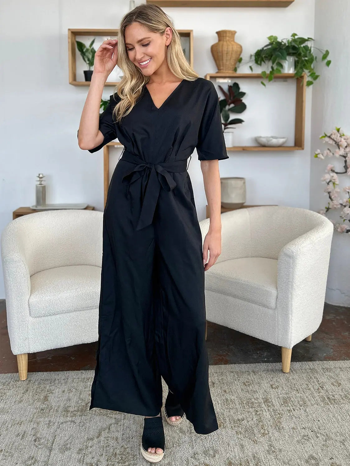 Size Inclusive V-Neck Tied Side Slit Jumpsuit - ThingsWeUseAndLove 