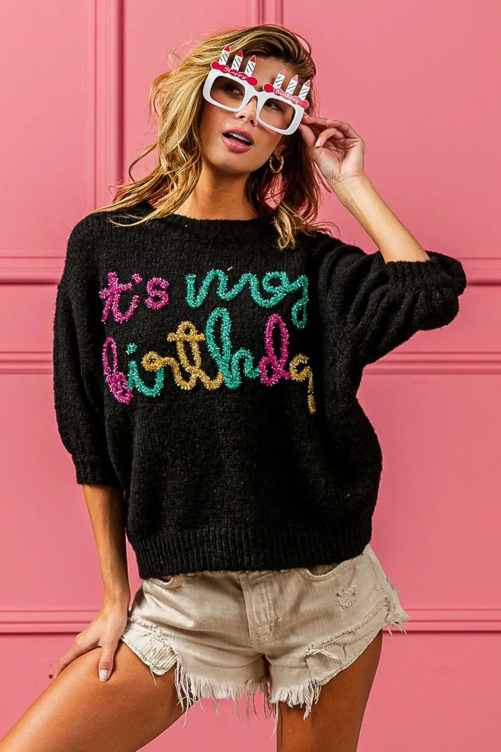 Metallic Letter Puff Sleeve Hairy Sweater - ThingsWeUseAndLove Black-XL