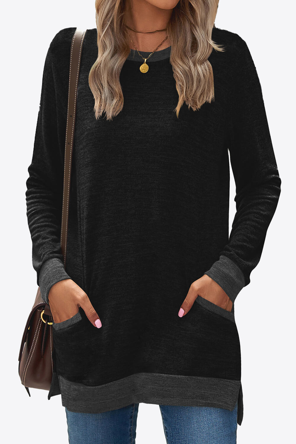 Heathered Slit Top with Pockets - ThingsWeUseAndLove Black-2XL